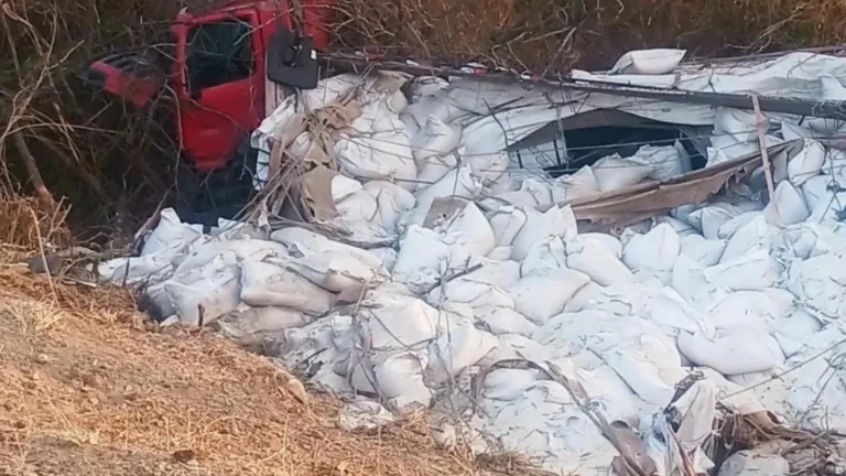 Caminhão carregado de farinha tomba na CE-176 e deixa motorista ferido em Aiuaba, no Ceará 