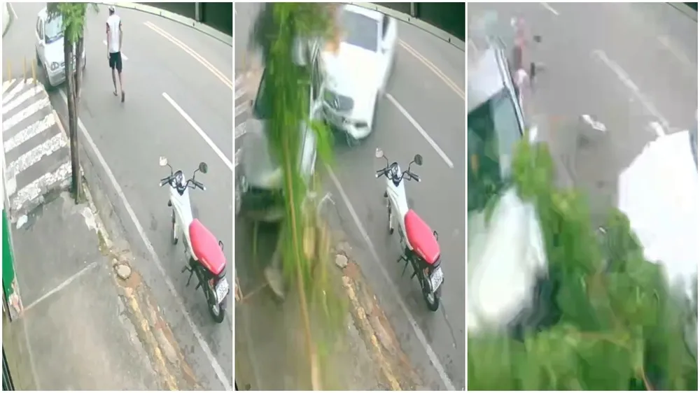 Motorista de Mercedes atropela pedestre, bate em carro e moto e derruba árvore, no Crato